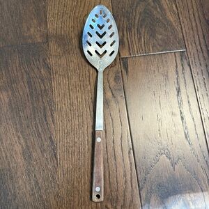 Vtg Stainless Steal Slotted serving spoon wood handle 13”‎ long Japan Kitchen